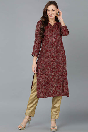 Red Silk Blend Embroidered Round Neck Kurti