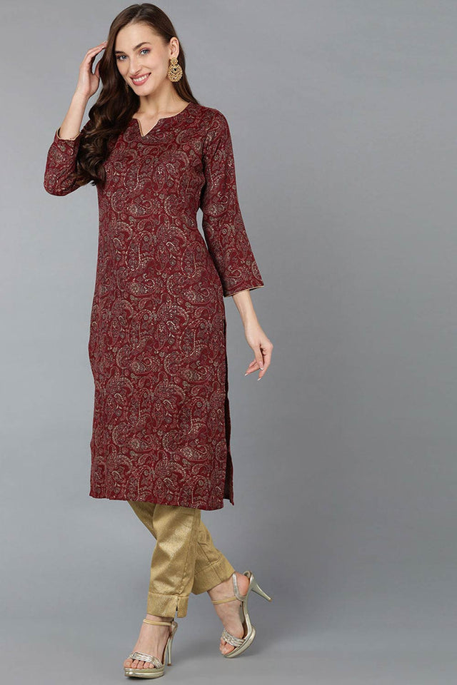 Red Silk Blend Embroidered Round Neck Kurti