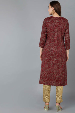 Red Silk Blend Embroidered Round Neck Kurti