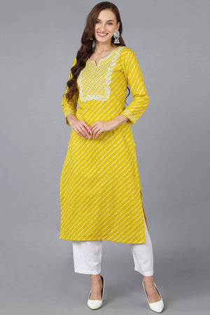 Yellow Cotton Embroidered Round Neck Kurti