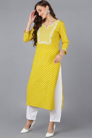 Yellow Cotton Embroidered Round Neck Kurti
