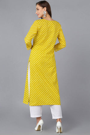 Yellow Cotton Embroidered Round Neck Kurti