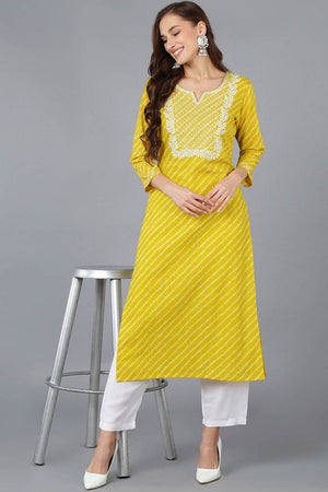 Yellow Cotton Embroidered Round Neck Kurti