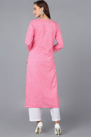 Pink Cotton Embroidered Round Neck Kurti