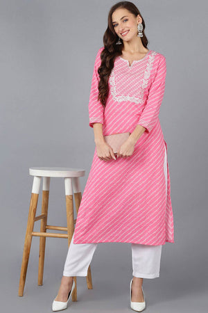 Pink Cotton Embroidered Round Neck Kurti