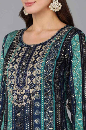 Blue Rayon Embroidered Round Neck Kurti