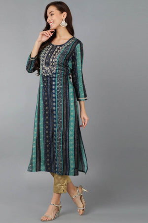 Blue Rayon Embroidered Round Neck Kurti