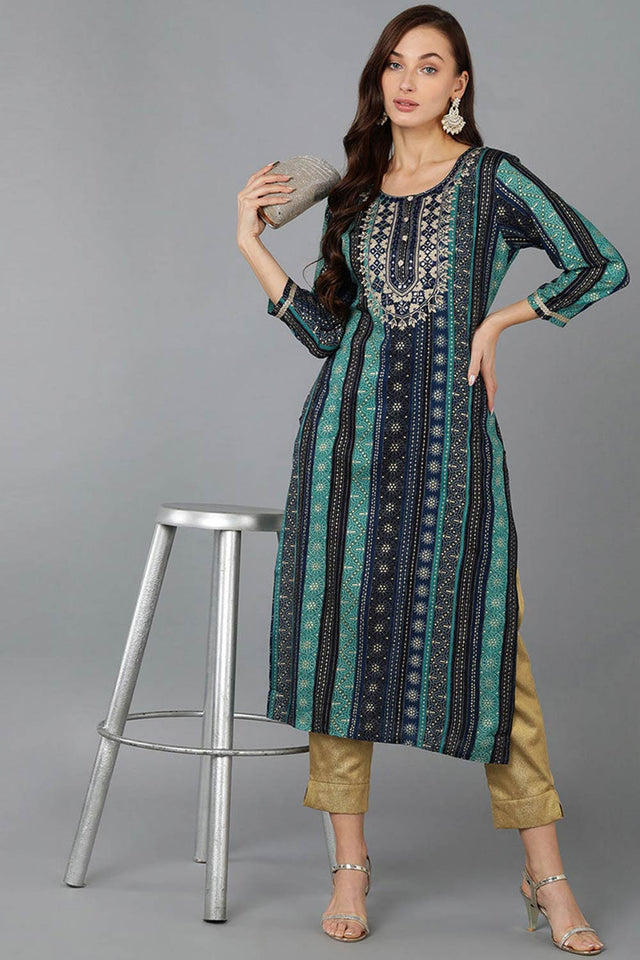 Blue Rayon Embroidered Round Neck Kurti