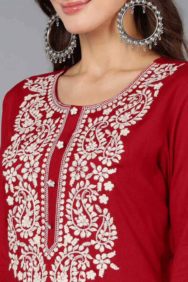 Red Rayon Embroidered Round Neck Kurti