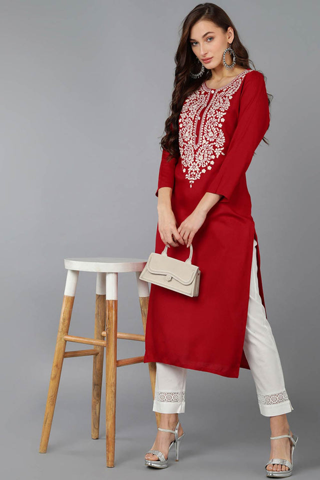 Red Rayon Embroidered Round Neck Kurti