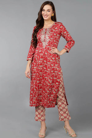Red Silk Blend Embroidered Round Neck Kurti