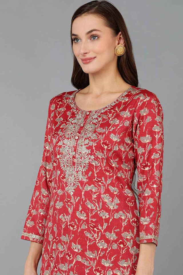 Red Silk Blend Embroidered Round Neck Kurti
