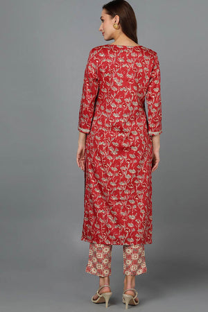 Red Silk Blend Embroidered Round Neck Kurti