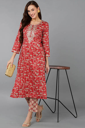 Red Silk Blend Embroidered Round Neck Kurti