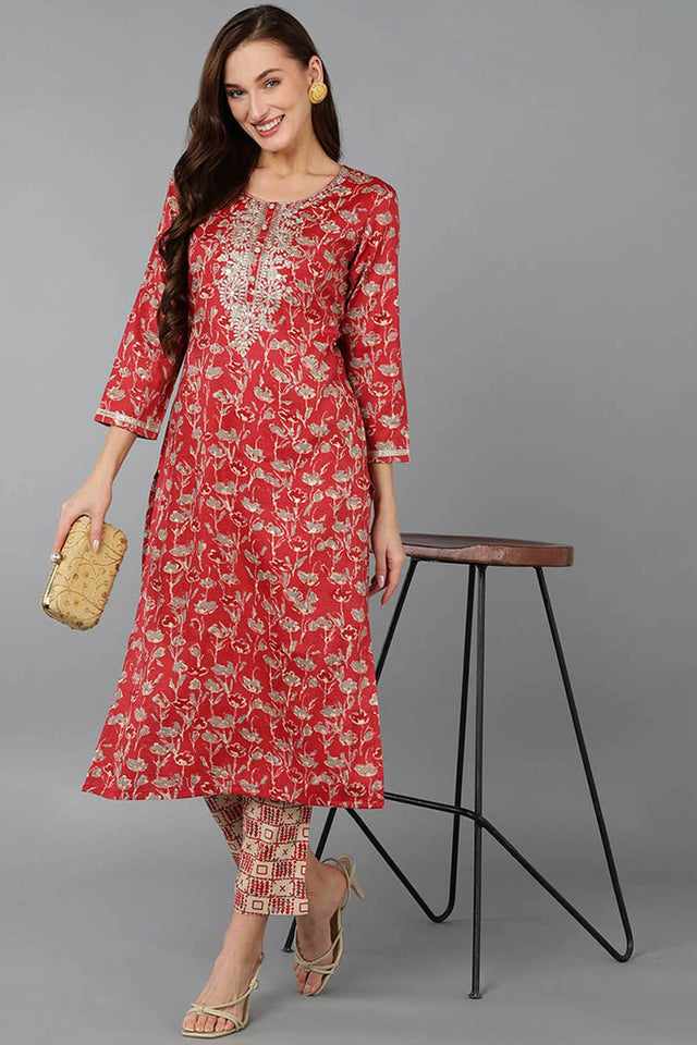 Red Silk Blend Embroidered Round Neck Kurti