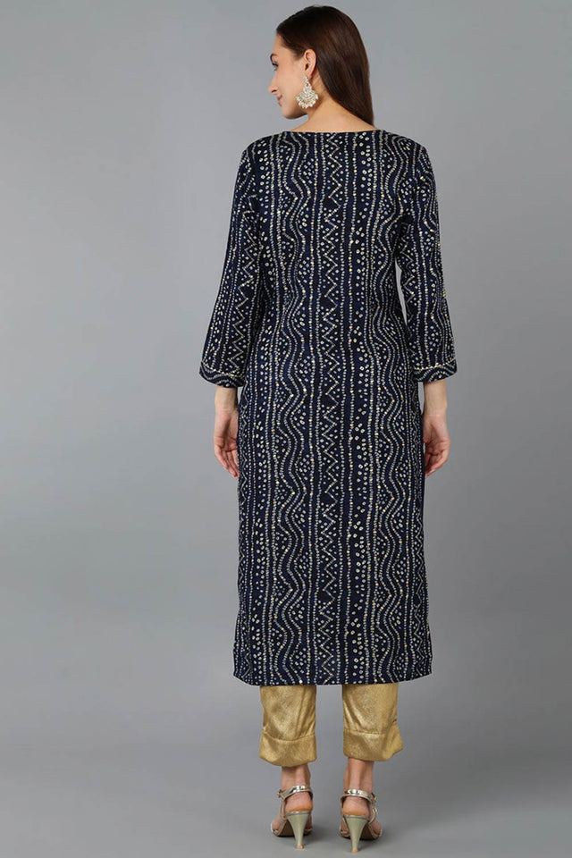 Blue Rayon Embroidered Round Neck Kurti