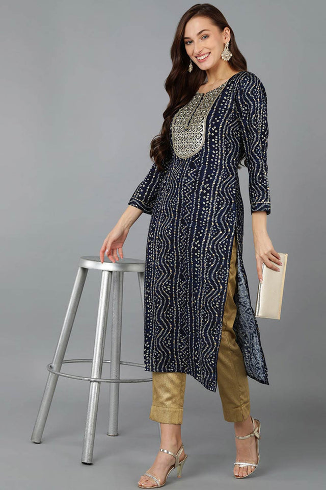 Blue Rayon Embroidered Round Neck Kurti