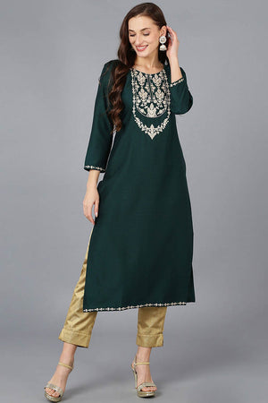 Green Silk Blend Embroidered Round Neck Kurti