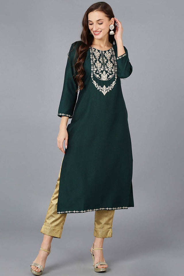 Green Silk Blend Embroidered Round Neck Kurti