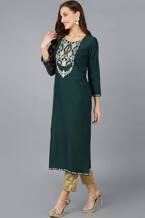 Green Silk Blend Embroidered Round Neck Kurti