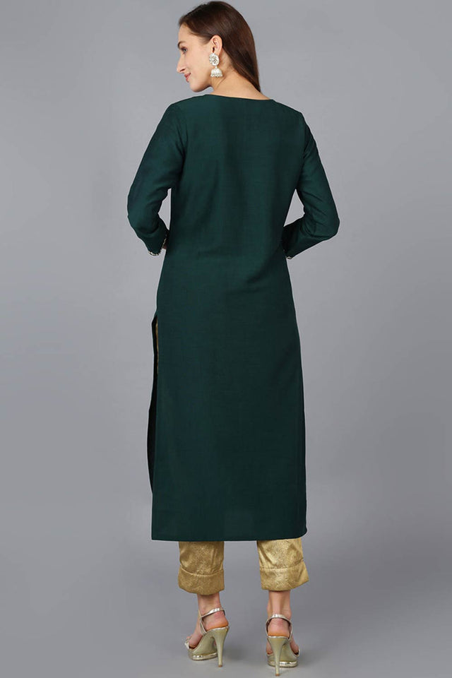 Green Silk Blend Embroidered Round Neck Kurti