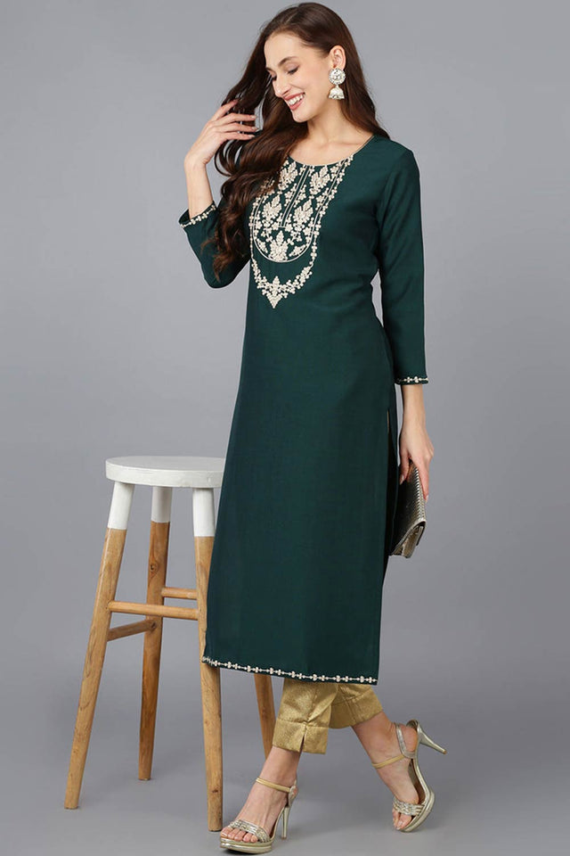 Green Silk Blend Embroidered Round Neck Kurti