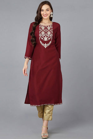 Red Silk Blend Embroidered Round Neck Kurti