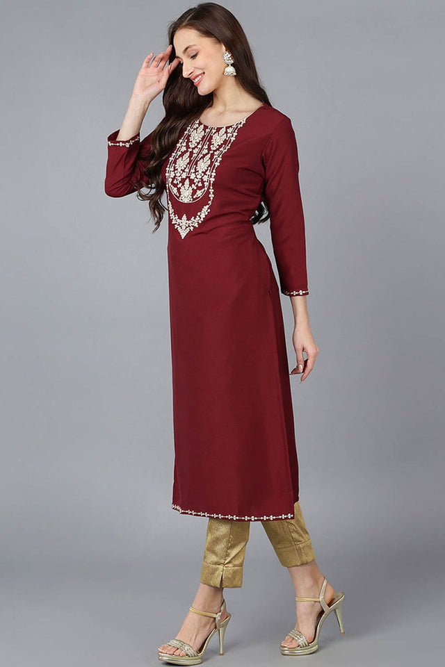 Red Silk Blend Embroidered Round Neck Kurti