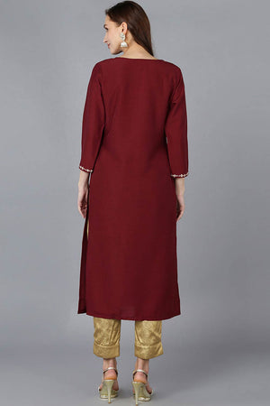 Red Silk Blend Embroidered Round Neck Kurti