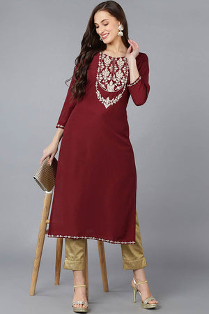 Red Silk Blend Embroidered Round Neck Kurti