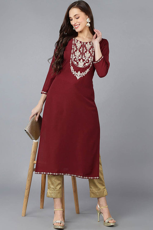 Red Silk Blend Embroidered Round Neck Kurti