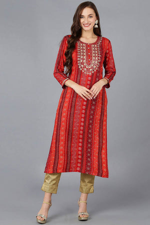 Red Rayon Embroidered Round Neck Kurti