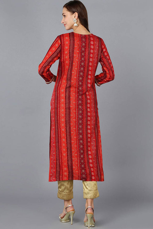 Red Rayon Embroidered Round Neck Kurti
