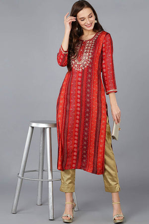 Red Rayon Embroidered Round Neck Kurti