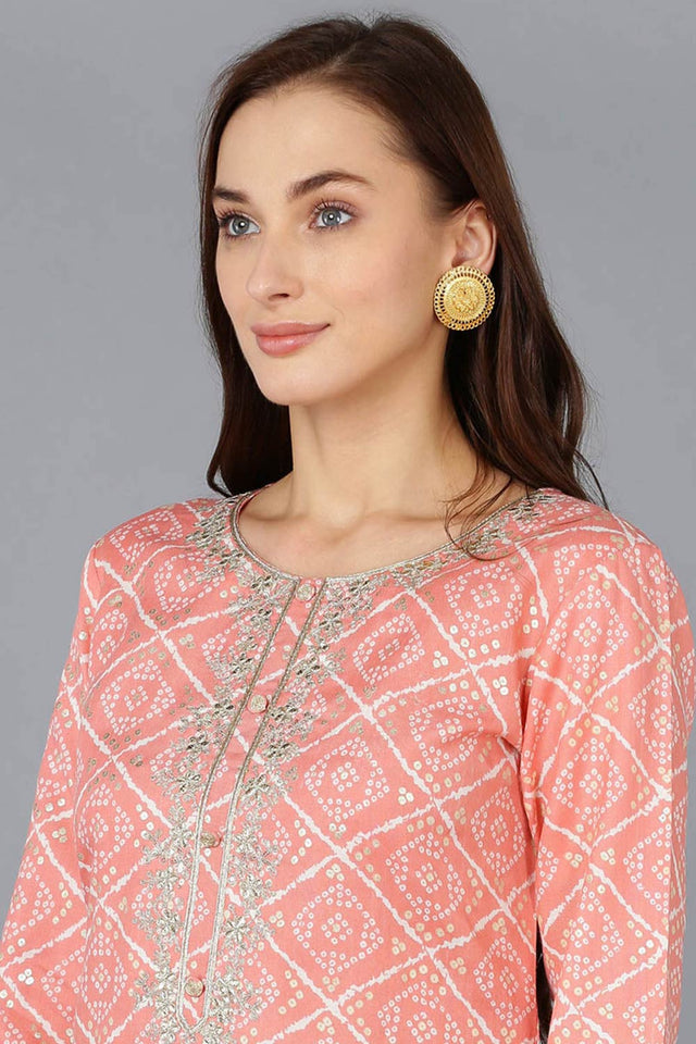 Pink Silk Blend Embroidered Round Neck Kurti