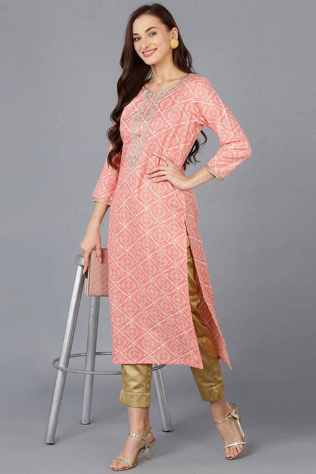 Pink Silk Blend Embroidered Round Neck Kurti