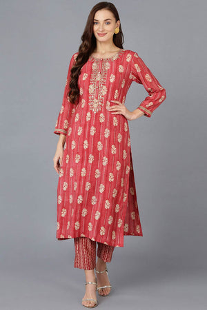Red Silk Blend Embroidered Round Neck Kurti