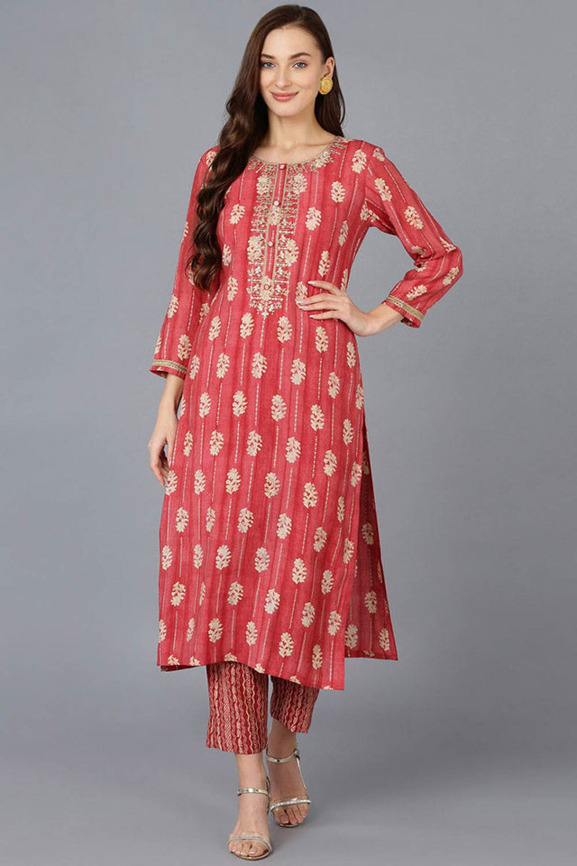 Red Silk Blend Embroidered Round Neck Kurti