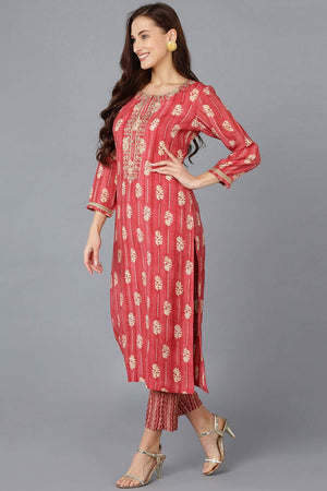 Red Silk Blend Embroidered Round Neck Kurti