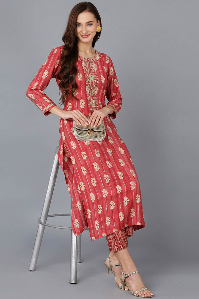 Red Silk Blend Embroidered Round Neck Kurti