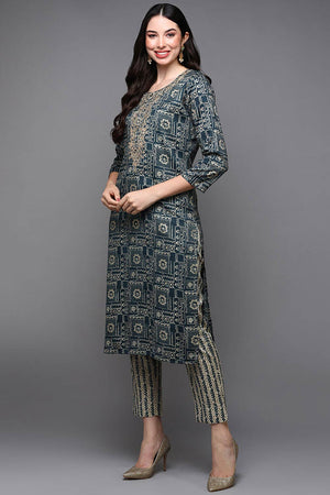 Blue Silk Blend Floral Print Round Neck Kurti