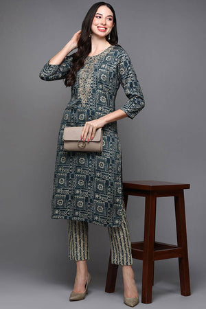 Blue Silk Blend Floral Print Round Neck Kurti