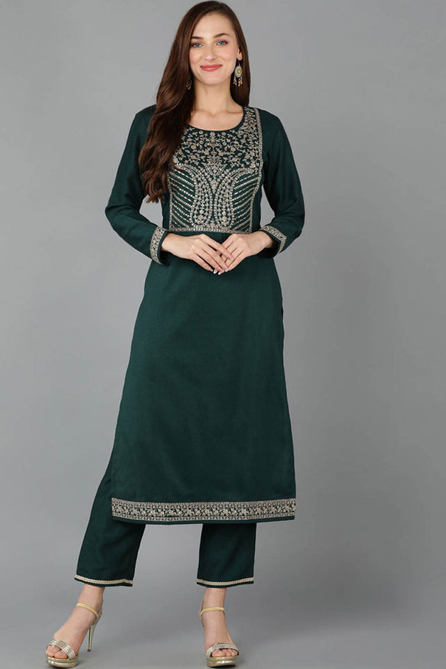 Green Silk Blend Round Neck Kurti