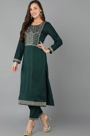 Green Silk Blend Round Neck Kurti