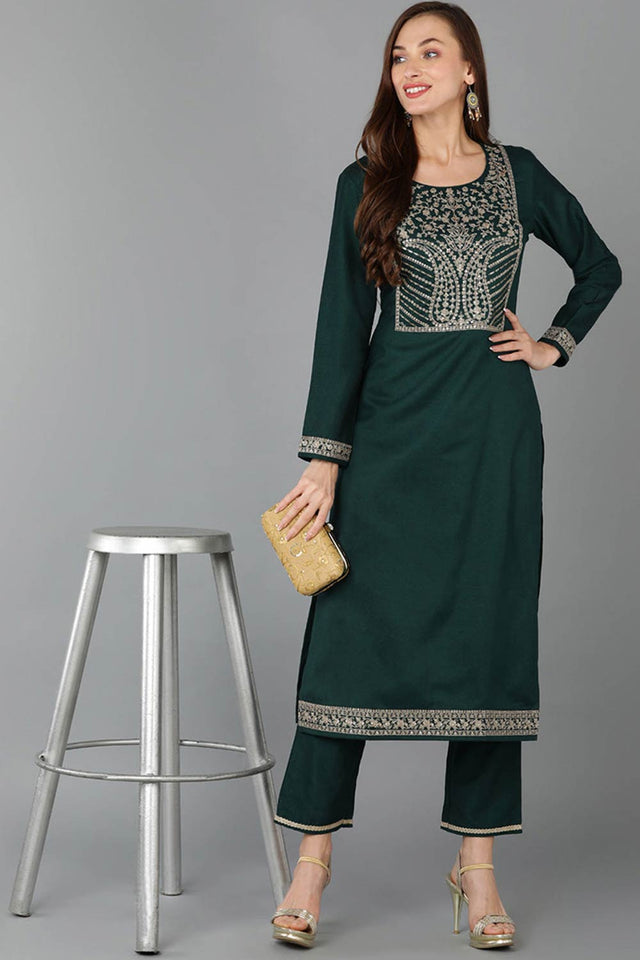 Green Silk Blend Round Neck Kurti