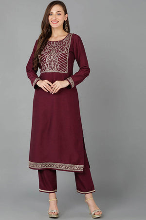 Red Silk Blend Round Neck Kurti