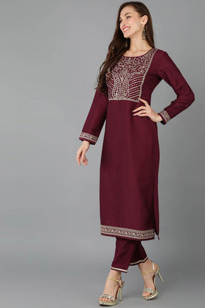 Red Silk Blend Round Neck Kurti