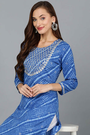 Blue Cotton Round Neck Kurti