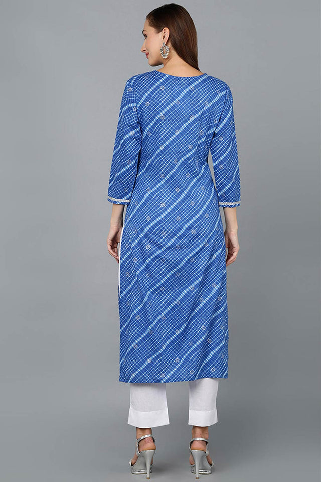 Blue Cotton Round Neck Kurti