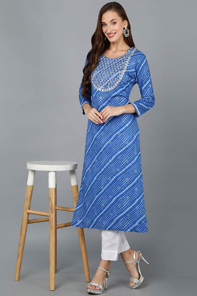 Blue Cotton Round Neck Kurti